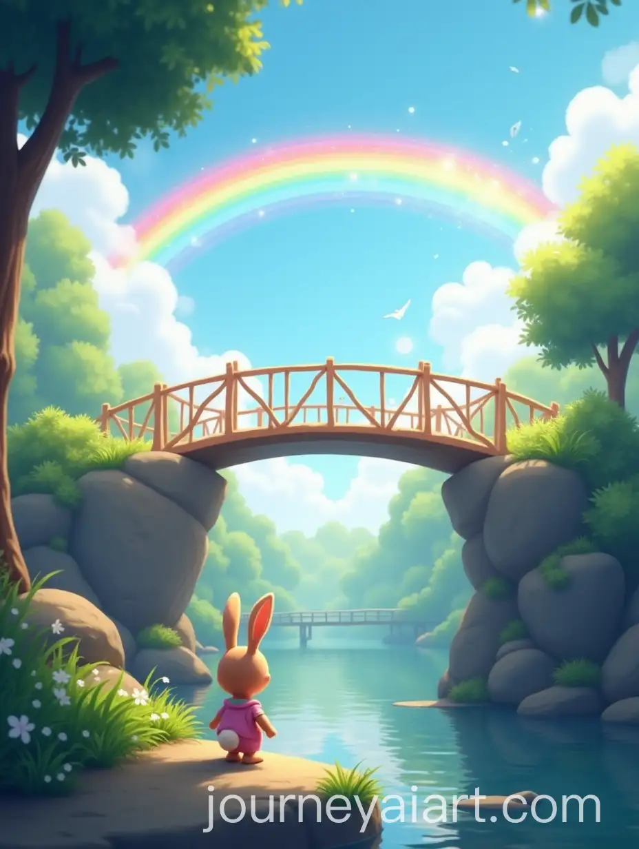 Cartoon-Rabbit-on-Sparkling-Rainbow-Bridge-in-a-Sunlit-Forest
