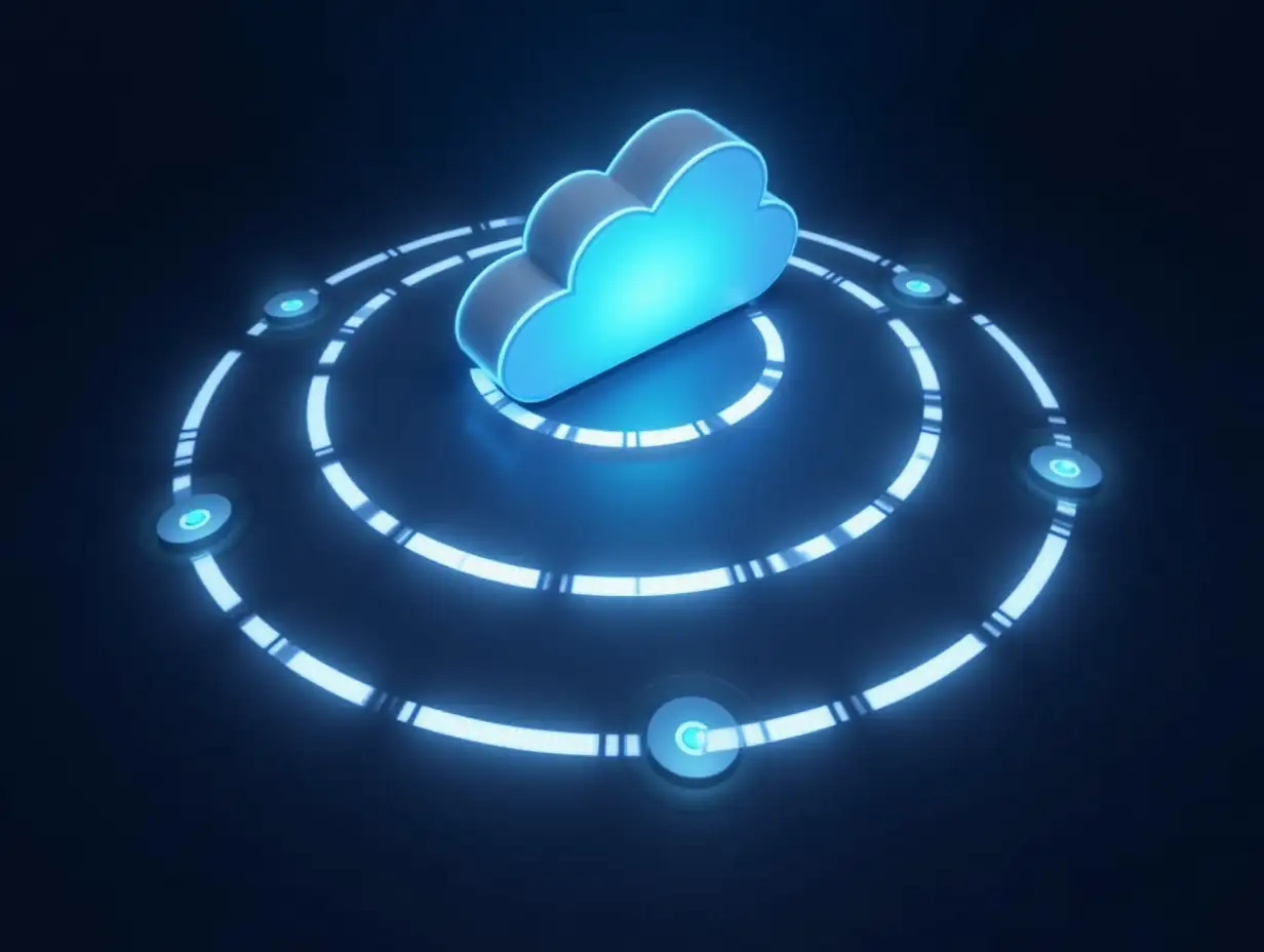 Design an image with a cloud at the center and layers surrounding it, symbolizing different levels of security (firewalls, encryption, access control). These layers could be represented as glowing, translucent rings, emphasizing the defense-in-depth approach of cloud security.