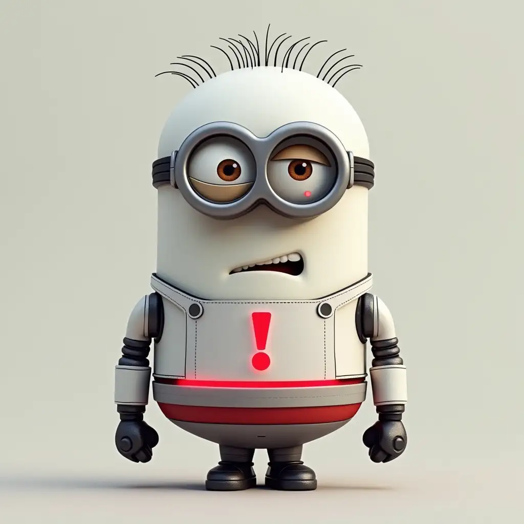 the theme of the poster is "International Day of Acceptance". use minion from the despicables movie. the minion should be like a robot with white color. the right side of the robot;' s chest should have an exclamation mark with red glowing light. it should not have any legs and replace the legs with propulsion system like a robot with the propulsion without the legs. the bottom of the robot's body should have a broad red band line going around the robot. the shape of the body should like a semi barrel take the bottom part and head should be attached to the body. it should have neck with small height. the neck should have two black band with space in between them revealing the white color of the robot. left eye should be partially closed and should be smaller than the right eye. the arms should be like the tentacle arm of the dr otto octavius from spiderman. the tentacle arm should be in silver color and the forearm should be like the one from ironman but with the white color. eyes should look front in to the camera.