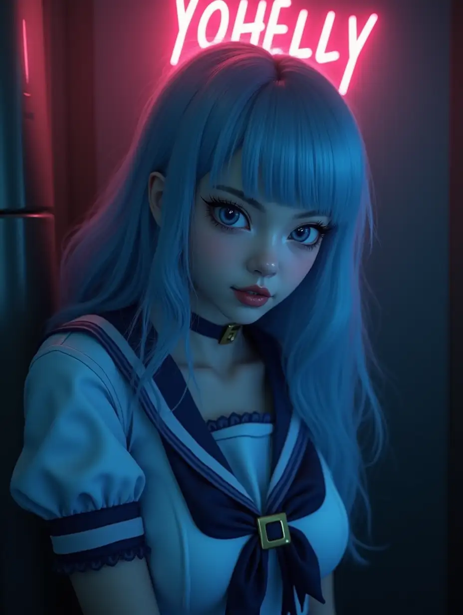 Highly ultra detailed textures, 8k unreal engine photorealism, Beautiful realistic japan E-Girl girl, beautiful fashion, beautiful realistic light blue long hair, beautiful realistic black makeup, black lipstick, beautiful realistic face, beautiful realistic light blue eyes, beautiful realistic art, in a Sailor Senshi Uniform, leaning forward, beautiful female breasts, frilled dress, head tilt, close up. Above the girl's head is a neon sign that reads “YOHELLY”. dark atmosphere, gloomy atmosphere, darkening, gloomy atmosphere, darkening, gloom, darkening around the girl, darkness