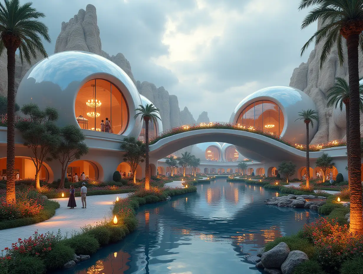 Create a high-resolution, realistic panorama image of a futuristic bubble palace with window bridge, one and one with very many people, many plants and colorful flowers colorful facades on the sidewalk lit lanterns desert oasis, big trees, very cloudy sky