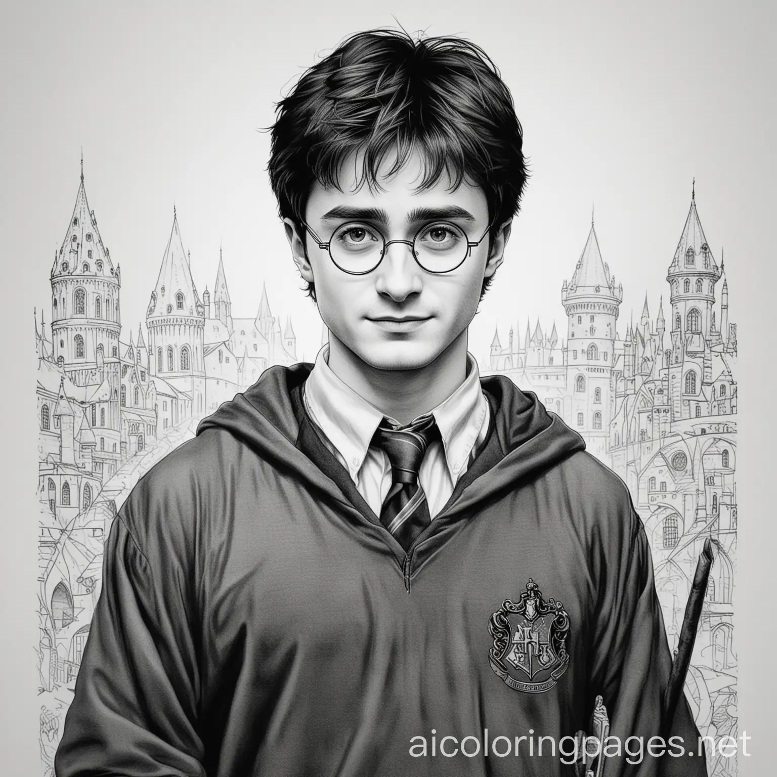 harry potter, Coloring Page, black and white, line art, white background, Simplicity, Ample White Space