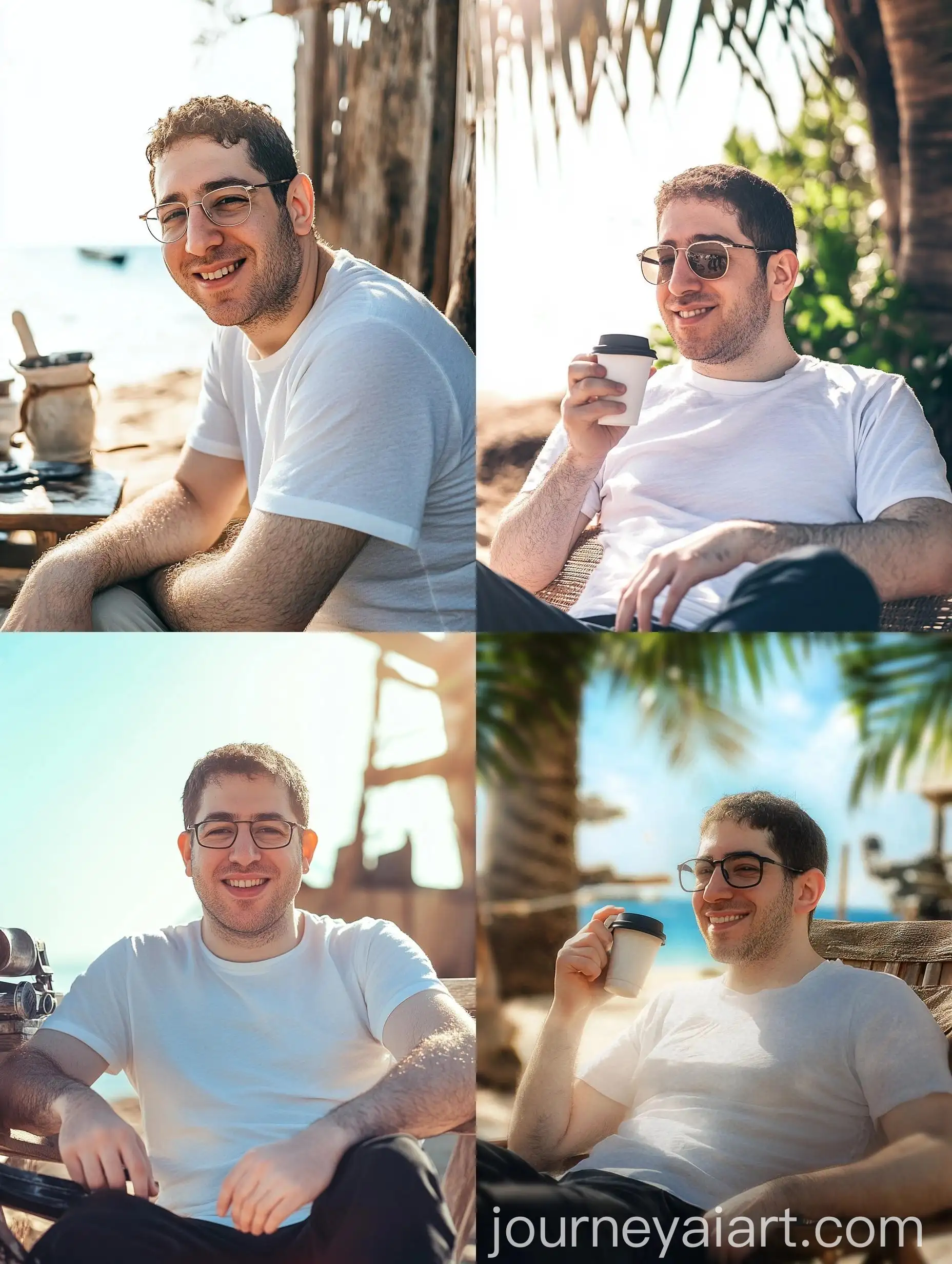 Smiling-Man-Relaxing-at-Beach-Cafe-with-Sunny-Background