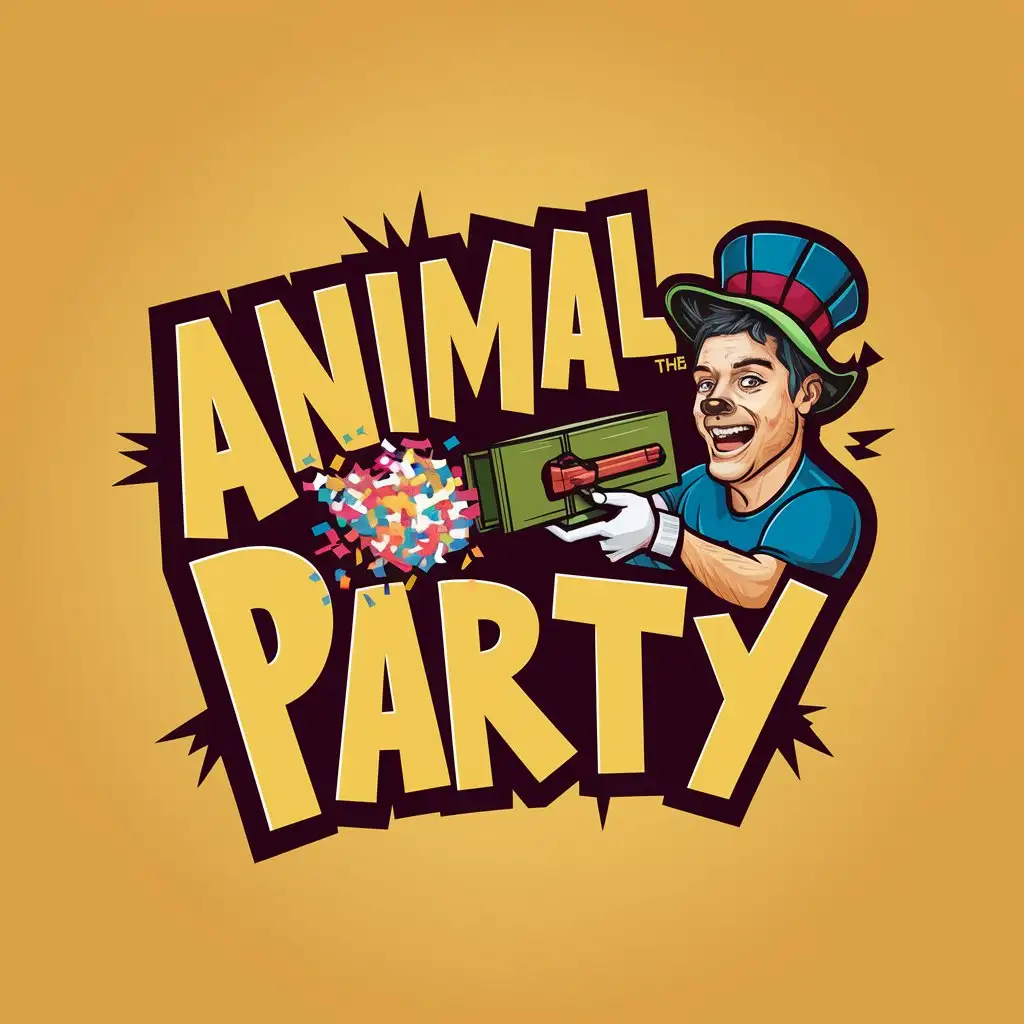 LOGO Design for Animal Party Psychedelic Colors with Man Disguised as Dog and Confetti Launcher Theme