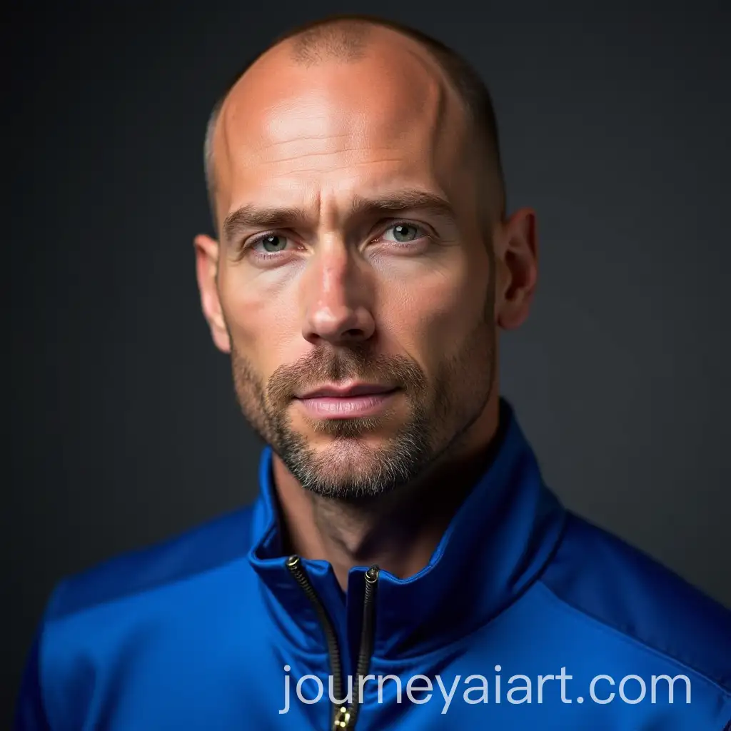 Closeup-Portrait-of-CleanShaven-Bald-Man-in-Royal-Blue-Silk-Tracksuit-Jacket