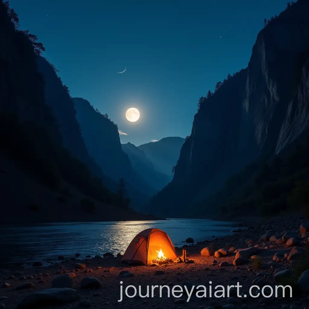 Serene-Night-Camping-by-the-River-Towering-Cliffs-Full-Moon-and-Campfire-Glow