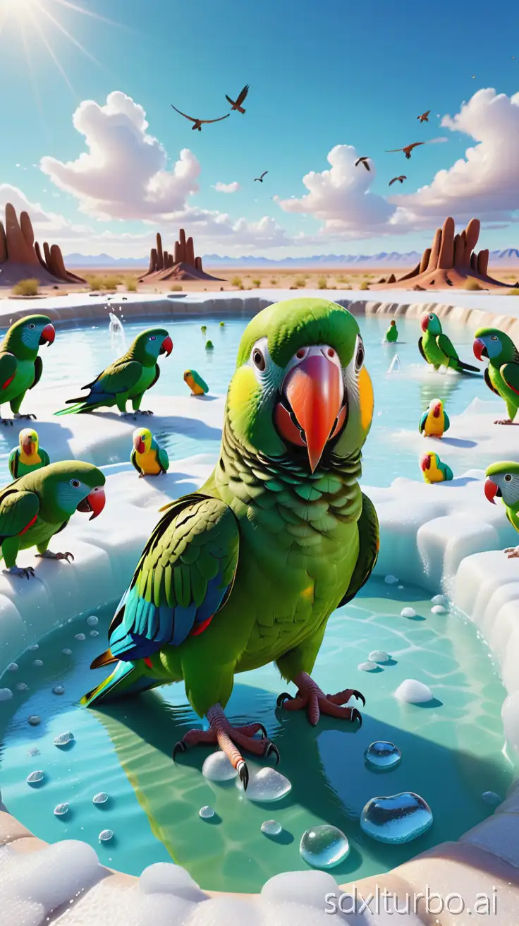 3D ultra-realistic scene of many green parrots happily bathing in a small pool of cold ice water on cracked desert ground under a bright blue sky with fluffy clouds. Water splashes, droplets shining in sunlight, detailed feathers of parrots, ultra HD Pixar-style realism.