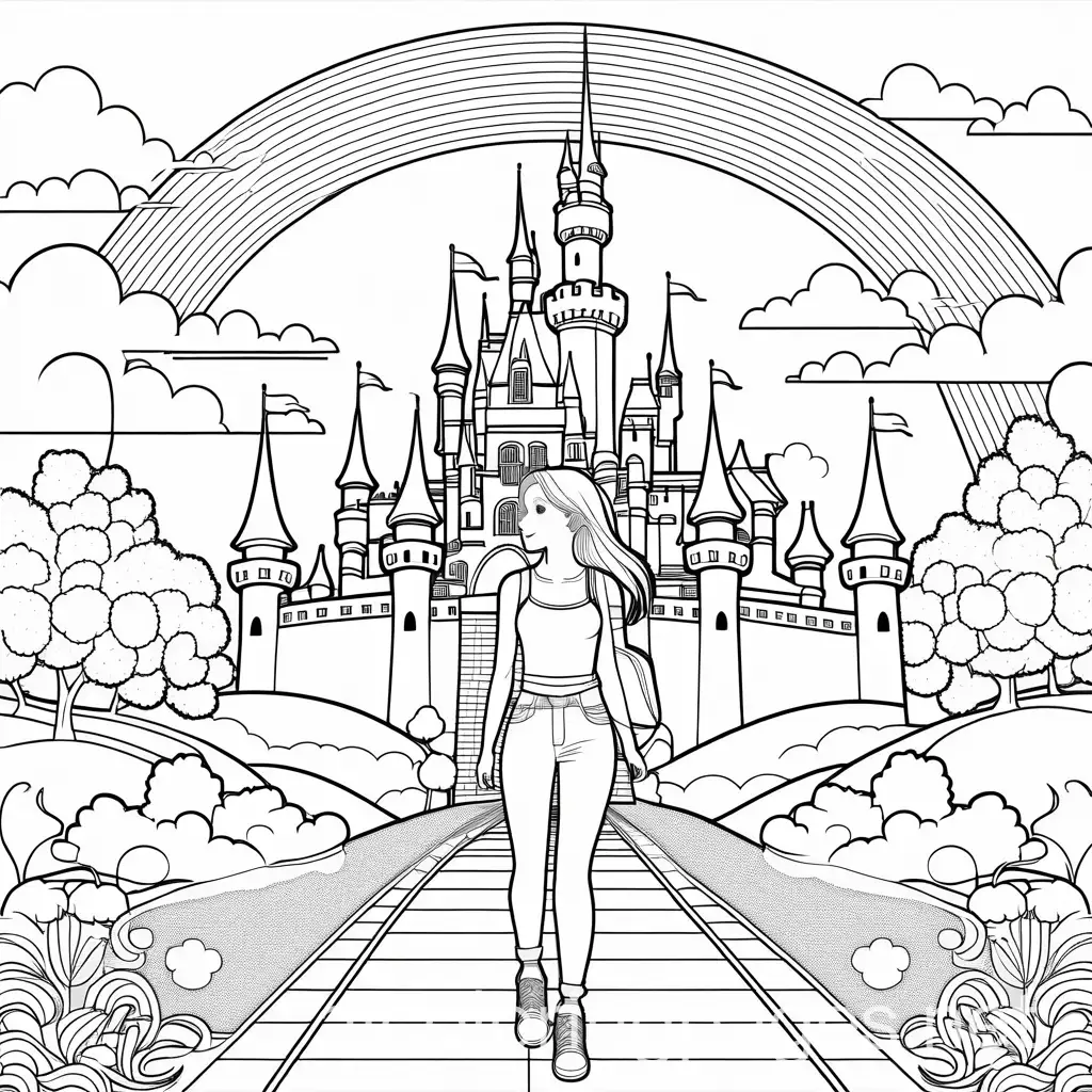 an anime girl in a crop top and jeans walking in a magical world with rainbows, castles. The sky behind has a few clouds in the sky. Coloring Page, black and white, line art, white background, Simplicity, Ample White Space. The background of the coloring page is plain white to make it easy for young children to color within the lines. The outlines of all the subjects are easy to distinguish, making it simple for kids to color without too much difficulty