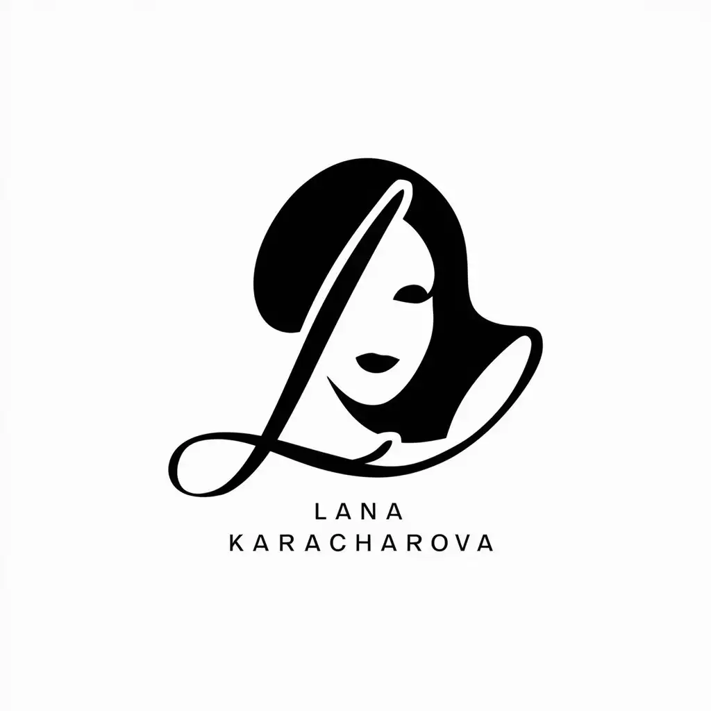 a vector logo design,with the text "LANA KARACHAROVA", main symbol:Minimalistic calligraphic letter 'L', smoothly transitioning into a silhouette of a female face. Black on white.,Minimalistic,clear background