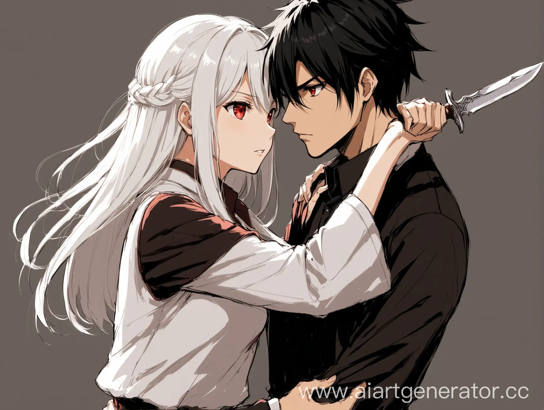 Anime-Sketch-of-a-Malicious-Man-with-White-Hair-and-Red-Eyes-Confronting-a-Woman-with-a-Dagger