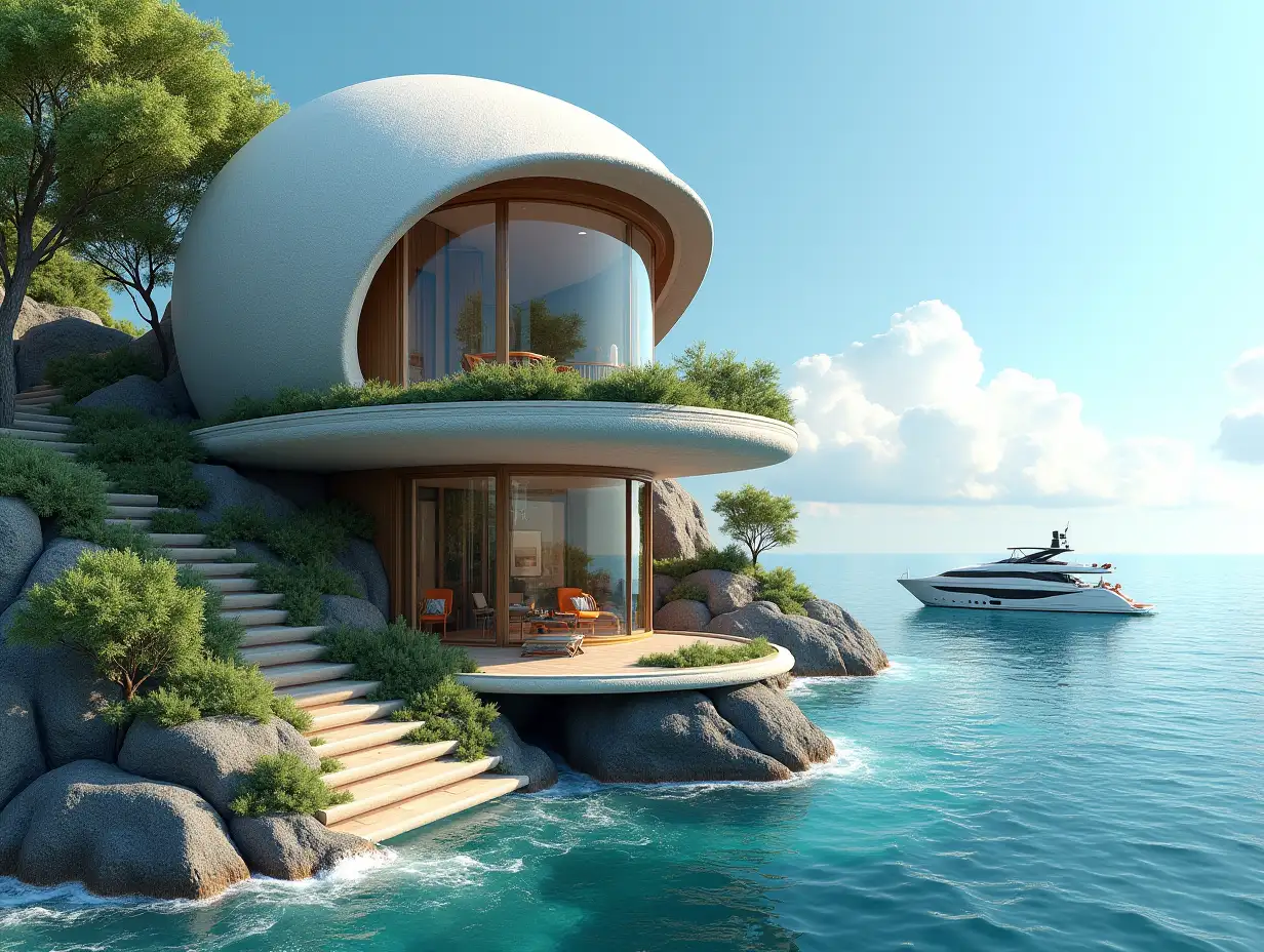 Create a high-resolution, realistic panorama image of a futuristic terrace building with steps to the sea window snail house with many plants and gray and brown facades a yacht on the sea waves, large trees, blue sky