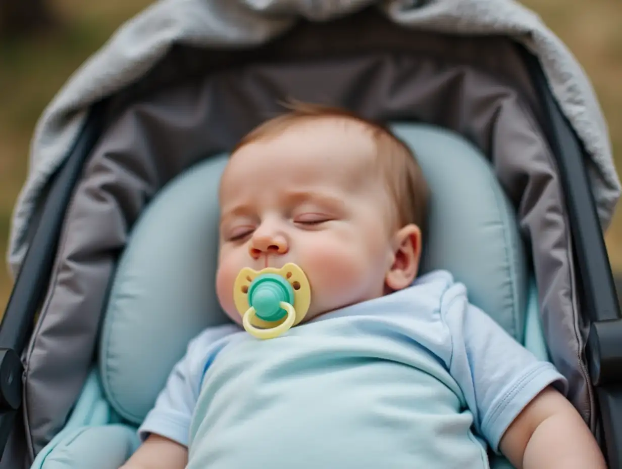 Serene-Baby-Napping-in-a-Stroller-with-a-Pacifier