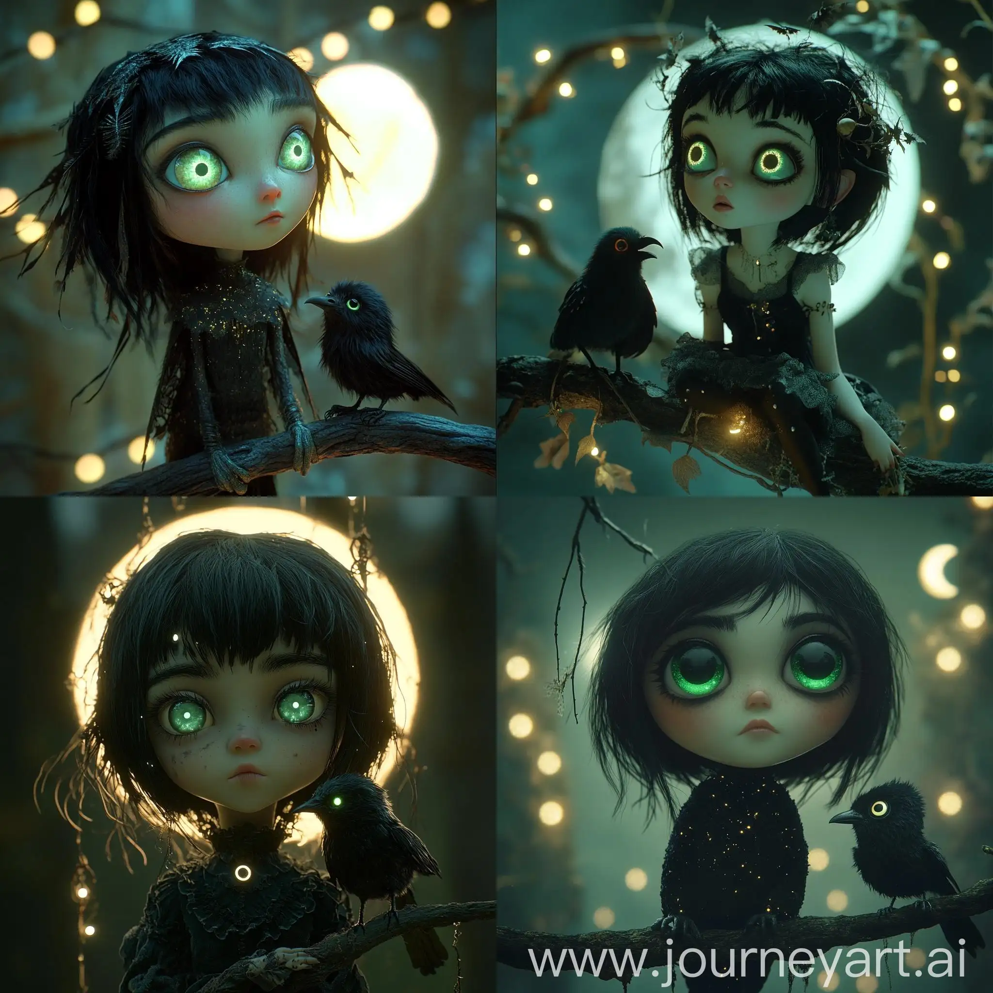 Moonlit-Girl-on-Branch-with-Neon-Ghosts-and-Fluffy-Raven