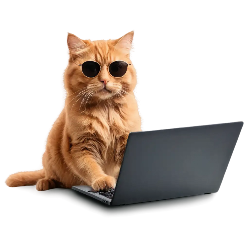 Golden brown cat with sun glasses using laptop