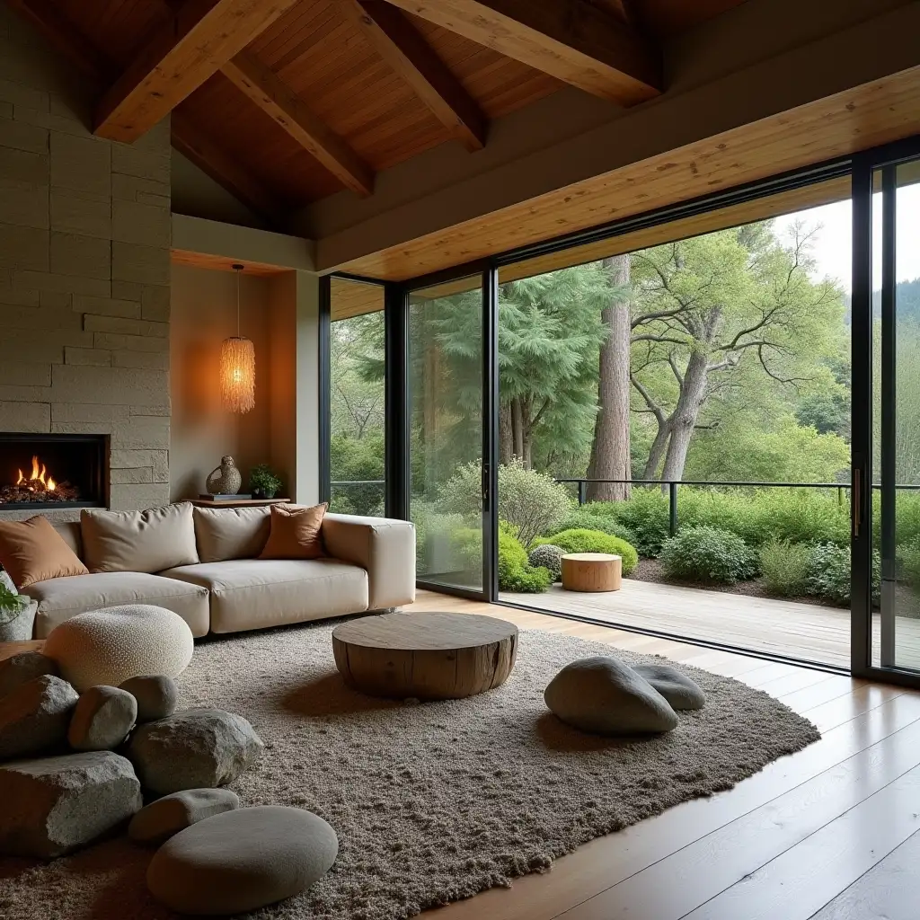 A cozy, rustic living room with a Zen garden and carefully tended rocks, a meditative 180 degree shot