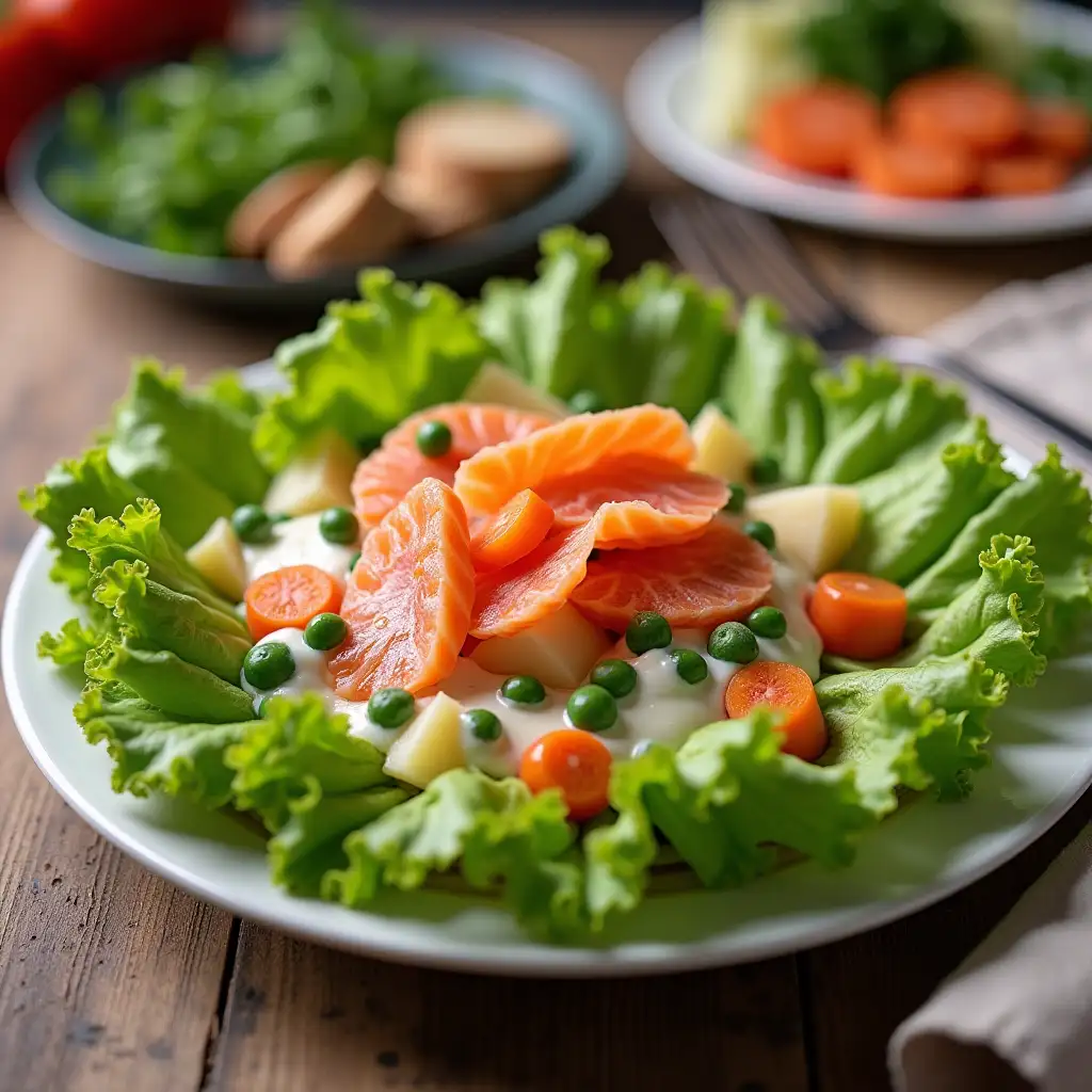 Delicious Salmon Salad with Mixed Vegetables on Kitchen Table