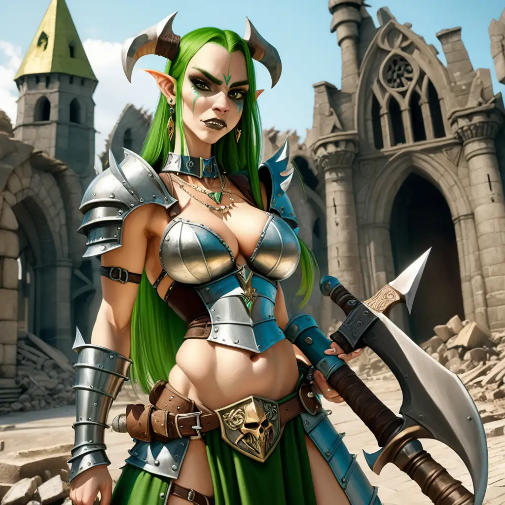 Fantasy-GreenSkinned-Warrior-Woman-in-Medieval-City-Ruins