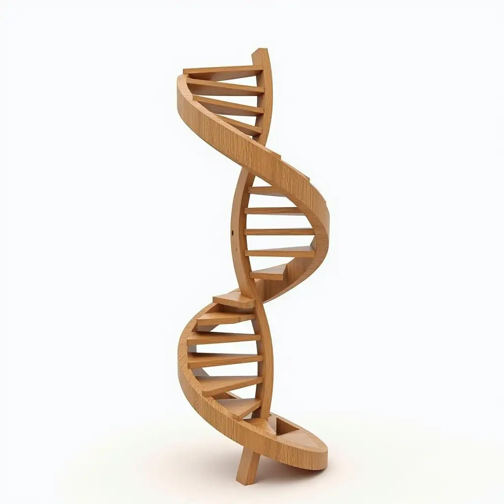 Create a surreal image of a ladder made of wood, designed to resemble a DNA helix. The ladder’s steps are intricately twisted like the double-helix structure of DNA, with the rungs resembling the strands of nucleotides. The wood should have a realistic texture, with visible grain and natural imperfections, adding an organic feel to the structure. The background should be completely white, creating a clean and minimalistic contrast that emphasizes the unique design of the ladder. The lighting should highlight the wood’s texture and the spiraling, DNA-inspired shape, adding depth to the surreal fusion.