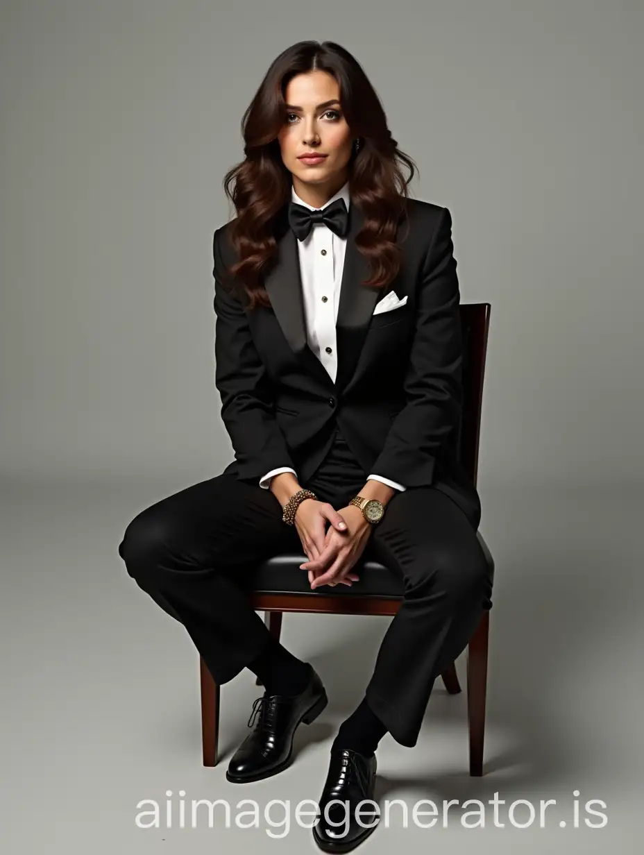 Full-body shot of beautiful brunette female sitcom actress, sultry expression, long hair, wearing man's black wingtip shoes, man's black tuxedo jacket, tuxedo pants, bow tie, cummerbund, white tuxedo shirt, pocket square, black socks, gold watch, sitting in chair, in front of blank background