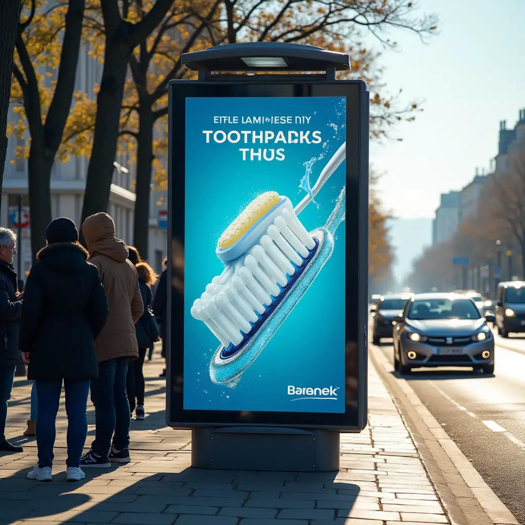 a billboard at a bus stop advertising for a new toothpaste, sunny weather, people waiting at the bus stop, big city, crowded streets, traffic