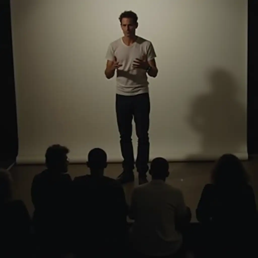 General view. An actor is gesturing, speaking text. In the background at the bottom – blurred, vague silhouettes of the public (like shadows). High angle shot showing the actor and the public below. Static frame.