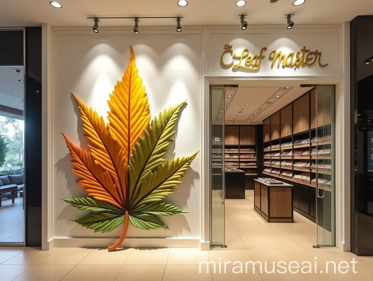 Modern Cigar Shop Entrance with 3D Leaf Design and Soft Lighting