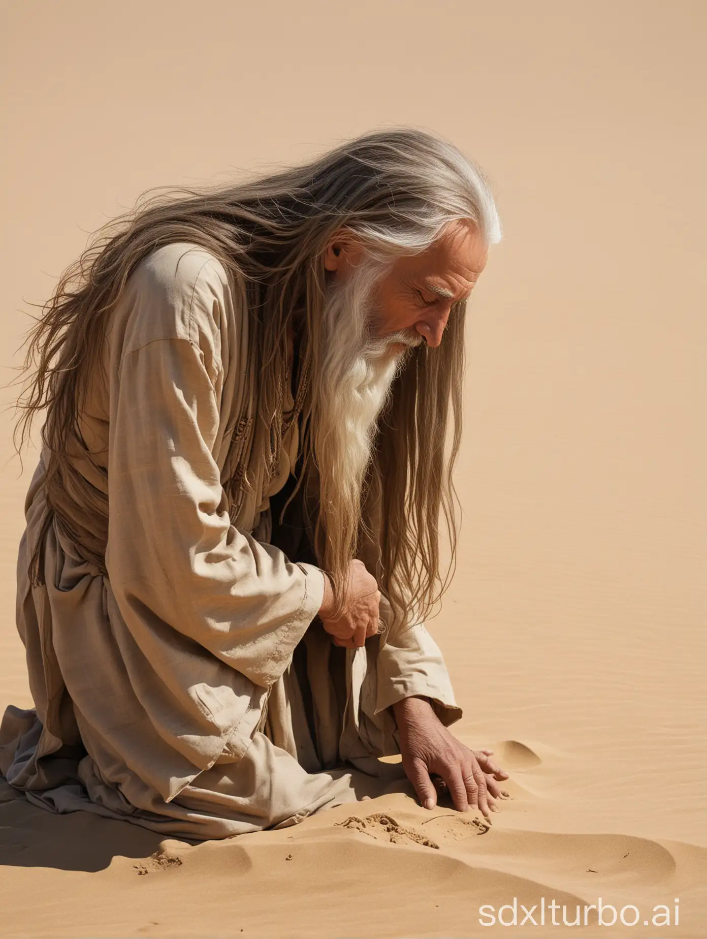 A long-haired old religious man's head is bowed reverently in the desert sand in a humble and spiritual posture. Side view.