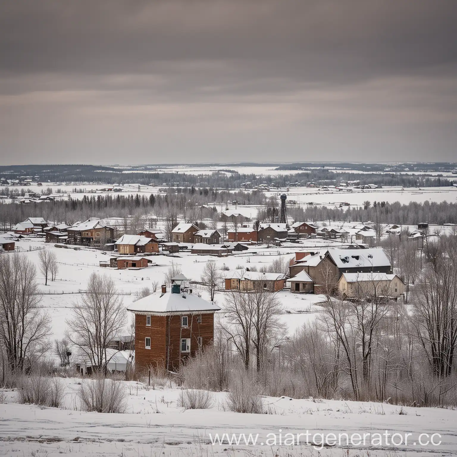 Snowy-Clevakino-Village-Winter-Scene-with-Water-Tower-and-Houses