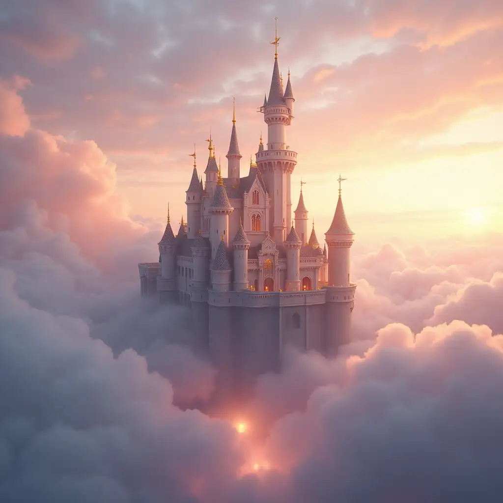 A majestic castle floats high above the clouds, its towers gleaming in the first light of dawn. The sky is a blend of warm pinks, oranges, and golds, casting a soft glow over the castle's white stone and golden spires. Below, the clouds are lit from within, glowing softly in the early morning light. The scene exudes a sense of otherworldly tranquility, with the interplay of light and atmosphere reflecting the luminous, peaceful style of classical luminism, bringing a dreamlike fantasy setting to life.