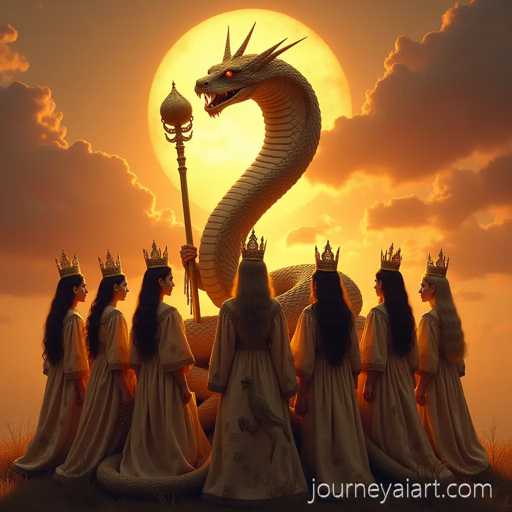 Nine-Royal-Cobra-Maidens-with-Golden-Serpent-at-Sunset