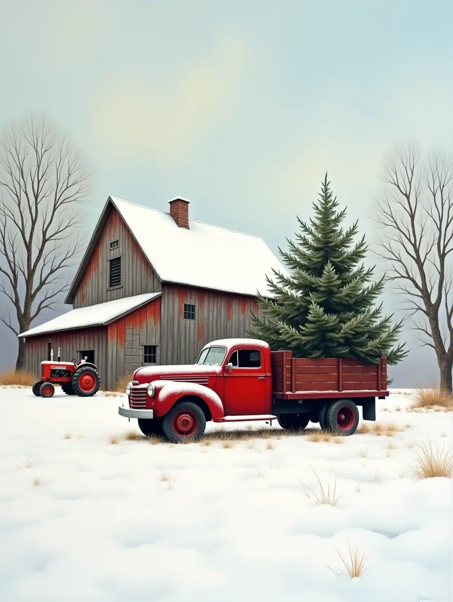 Winter Farmhouse Scene with Snow Barn Tractor and Vintage Truck