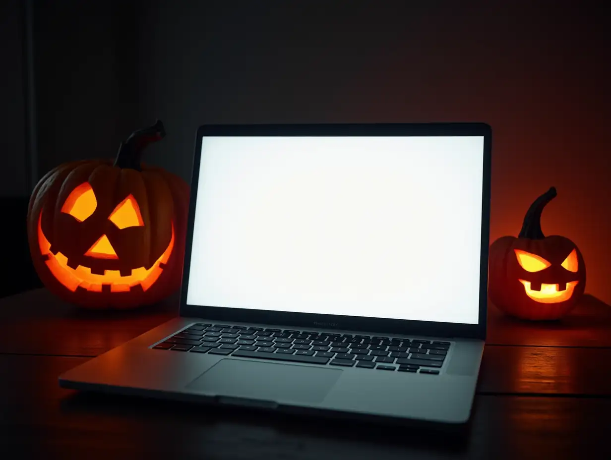 Happy Halloween. There is an open laptop with a white screen on the table with a scary carved pumpkin. There is an eerie atmosphere in this scene. Laptop mockup