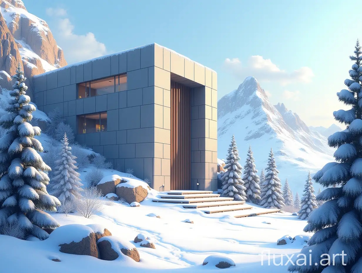 A futuristic stone building with huge windows. There are many small architectural details. The architectural details are clearly drawn. Snow-capped rocky mountains in the background. In the foreground are snow-covered firs and pines. The snow sparkles in the rays of the sun. A clear focus. Color harmony. Soft color transitions. Digital drawing. The style of Artgem and Greg Rutkowski