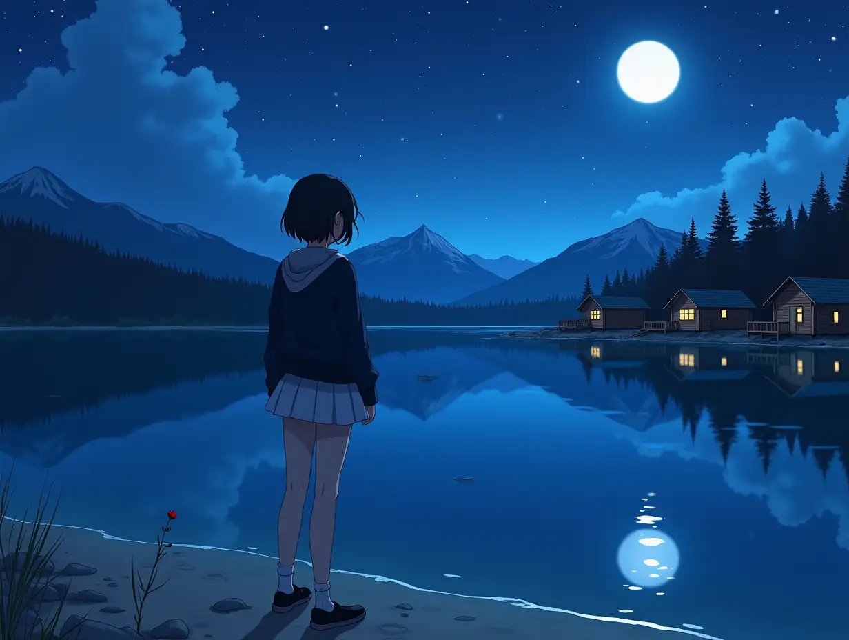 a super detailed portrait of an anime girl, short black-haired, in a slightly unbuttoned black jacket and a short white skirt, standing by the lake shore with mountains and pines in the background at night under the moon with twinkling stars, wooden cabins on the shore with light in the windows