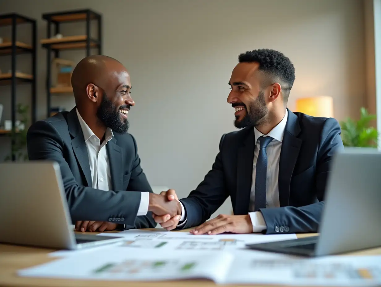 Realistic photo of a warm discussion between an African client and an African real estate expert. The client, an African man in his thirties, smiles broadly and shakes the hand of the expert, a professional African man in a dark suit, also smiling. They are sitting at a table in a modern office, with house plans and a laptop in the background. The atmosphere is bright, friendly and professional, with a neutral color palette (gray, beige) and a touch of green to recall nature. High definition quality, natural style.