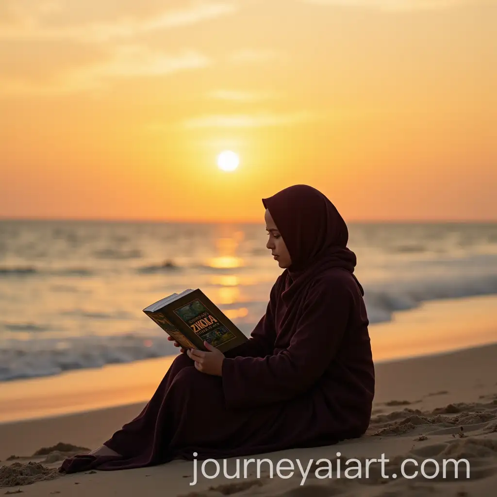 Girl-in-Hijab-and-Abaya-Reading-Earth-of-Zikola-on-Golden-Sands-at-Sunset-by-the-Sea