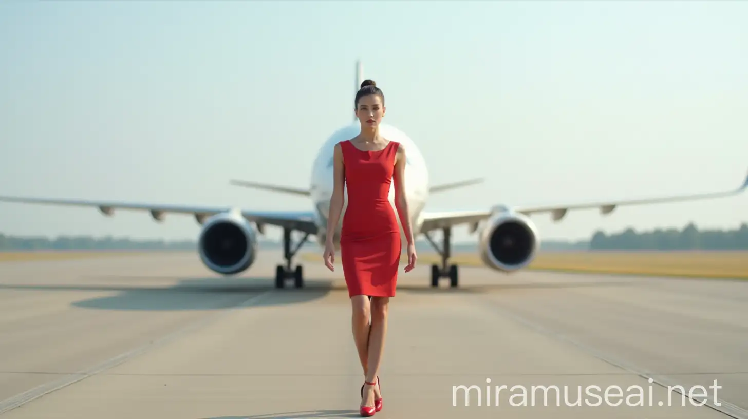 Beautiful Air Hostess Standing on Runway with Airplane in Background