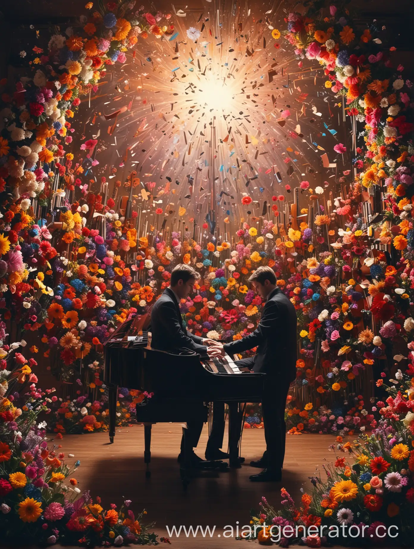 Pianist-Surrounded-by-Musical-Explosion-of-Keys-Flowers-and-Instruments