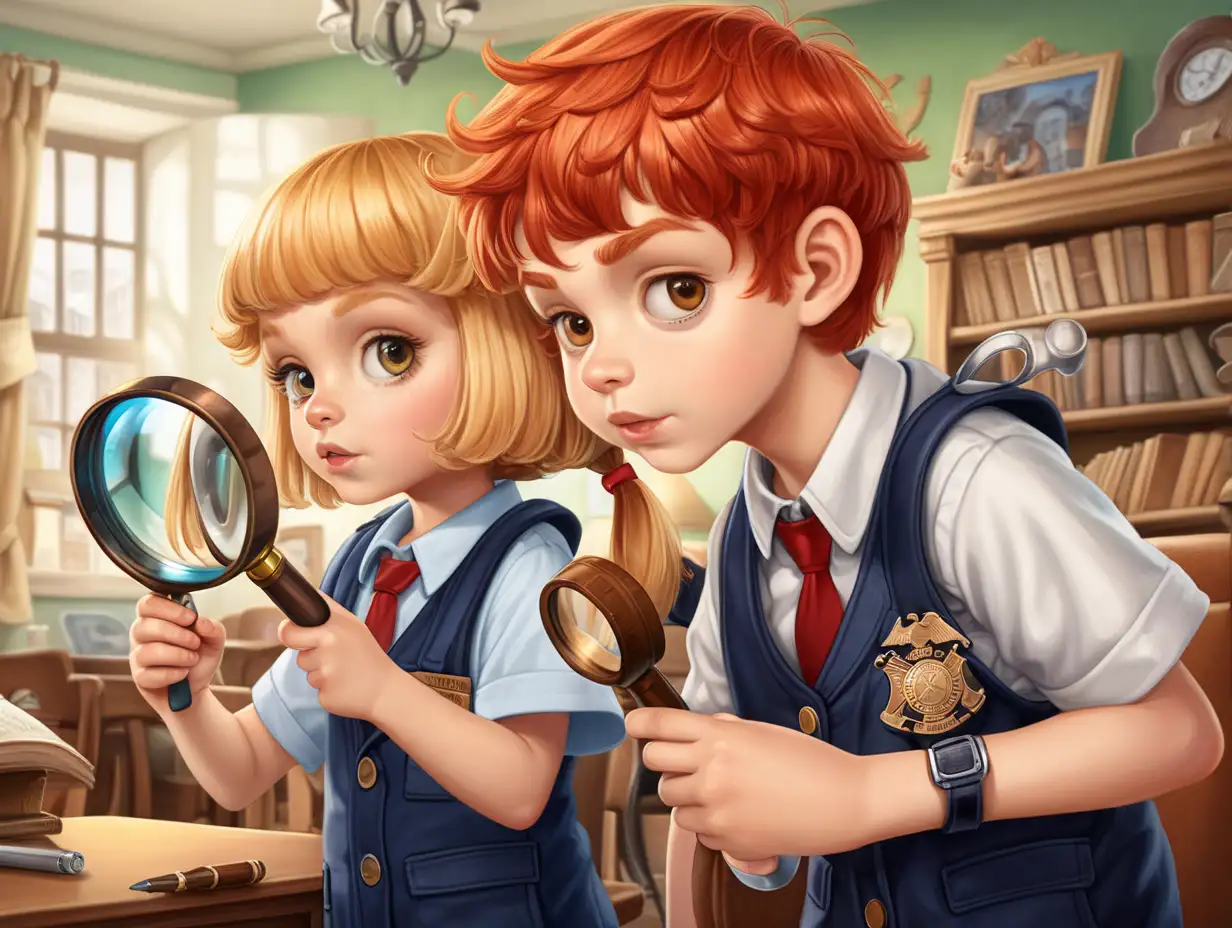 Children Detectives with Magnifying Glass in Agency