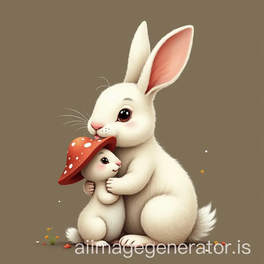MOTHER RABBIT WITH HER WHITE BABY AND MUSHROOM HAT