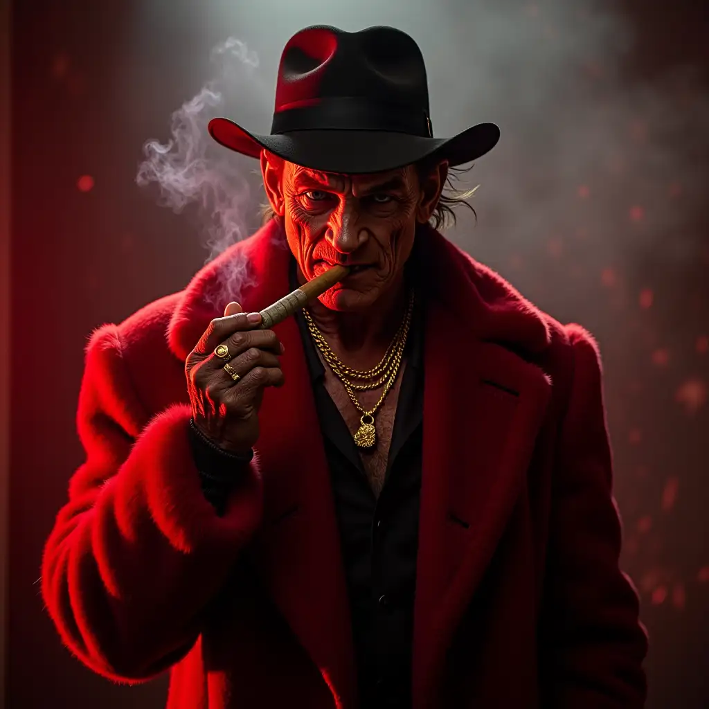 Freddy Kreuger, he wears a red mink coat, he smokes a big cigar, he wears golden jewelry, smokey background, hellish background