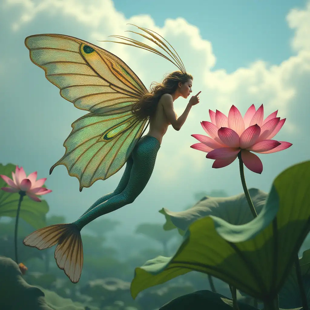 A photograph of a mermaid fairy woman flying by a giant flower lotus and drinking nectar from this flower with her long tongue. She has long antennae resembling a pair of bird feathers. The fairy has gigantic, large, shiny, iridescent, sparkling, multicolored, peacock patterned butterfly wings and a scaly long fish tail with butterfly wings instead of a caudal fin. The background contains a cloudy sky