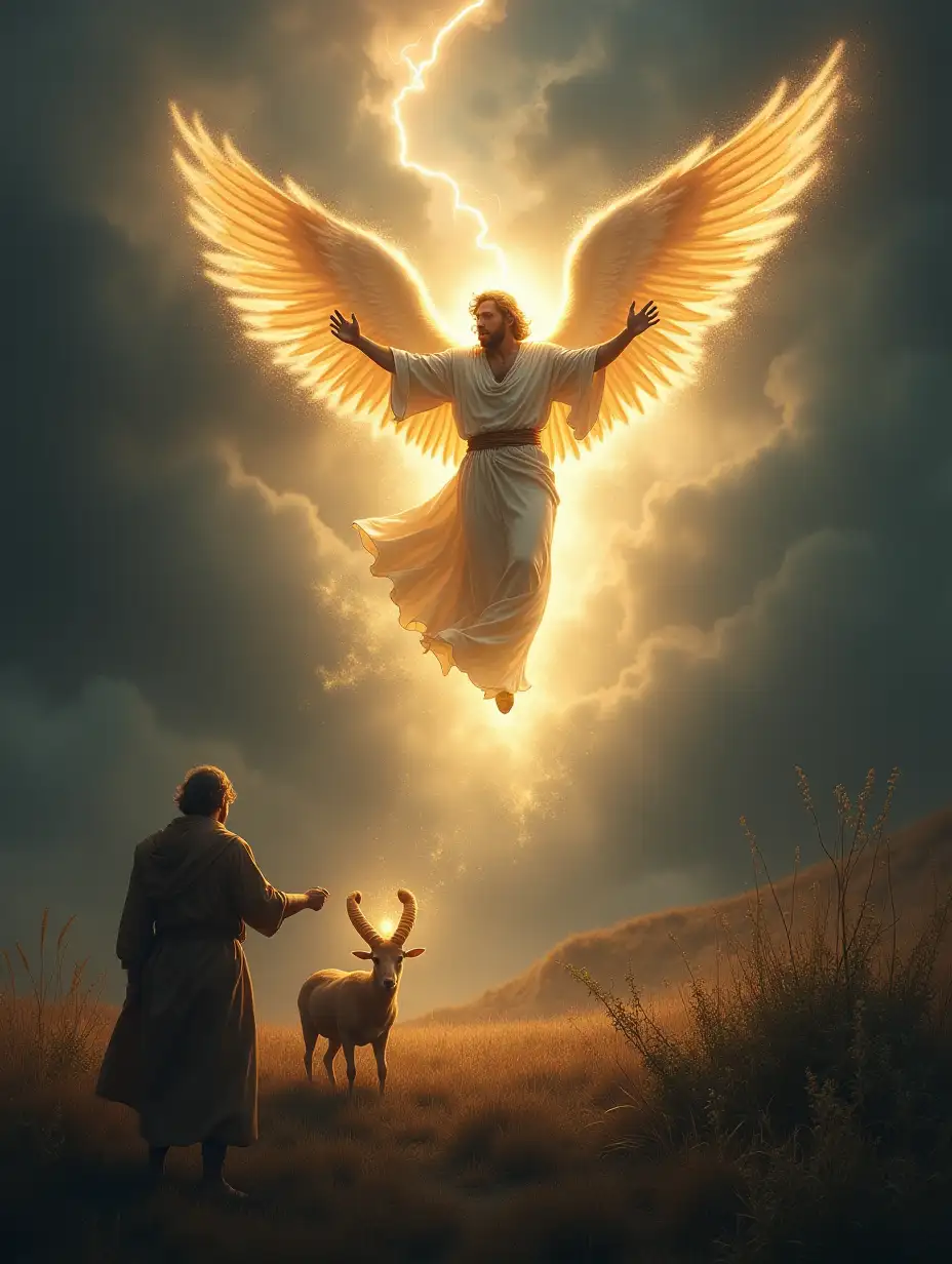 An angelic figure descending from the heavens in a burst of radiant light, stopping Abraham just in time. The angel is majestic, with glowing wings and a commanding presence, pointing towards a ram caught in a nearby bush. The scene is illuminated with heavenly light, contrasting with the dark, stormy background