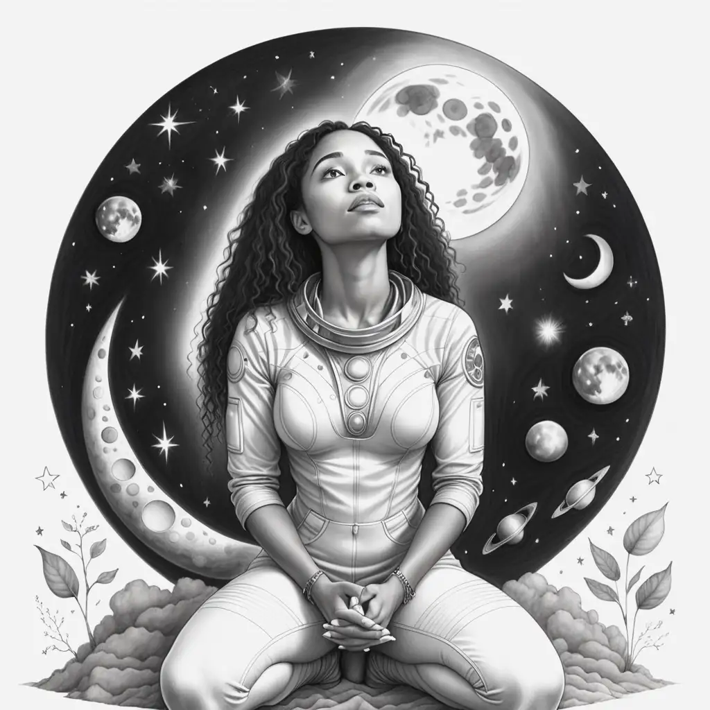 Galactic Spiritual Scene Beautiful Mixed Race Woman Kneeling under Moonlight