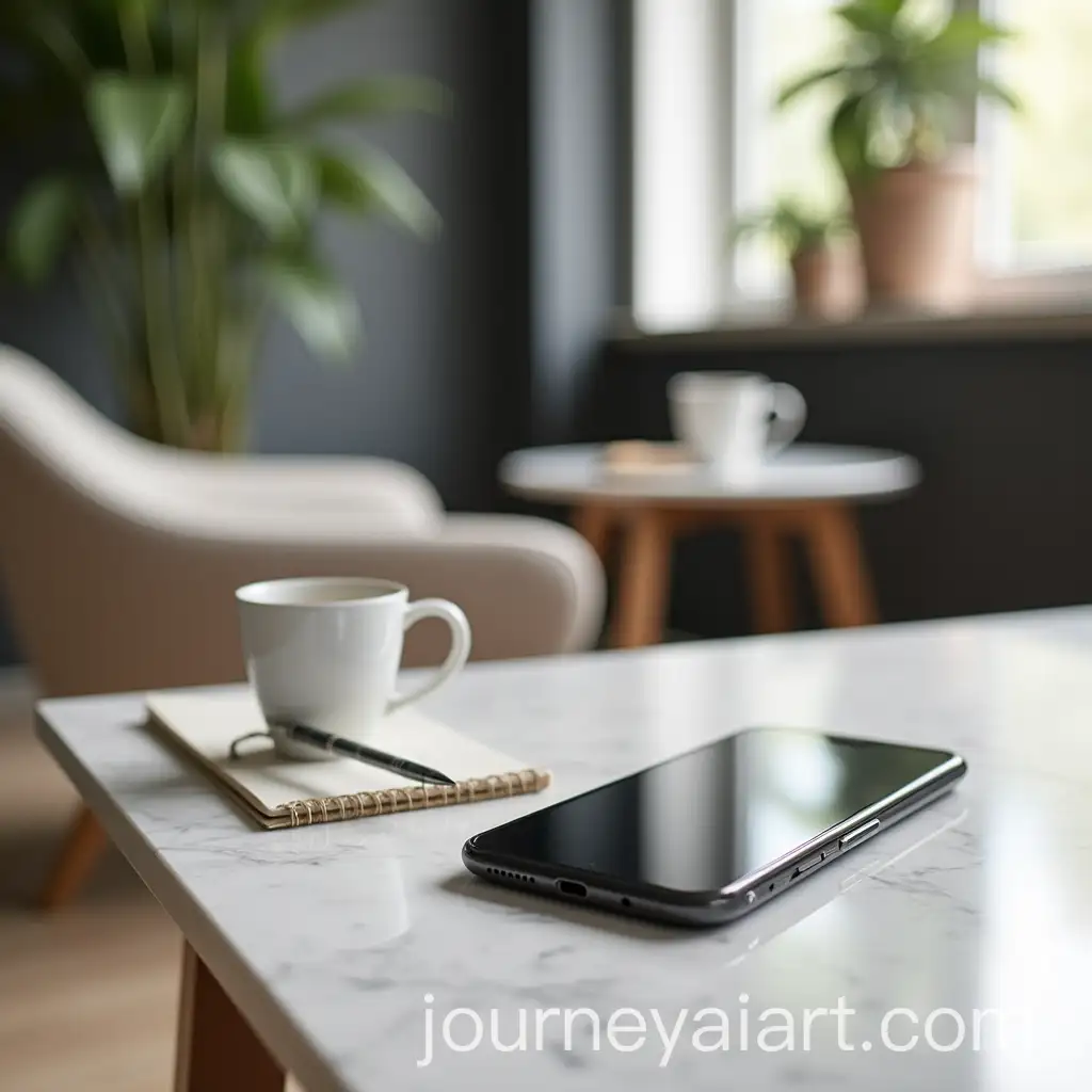 Modern-Phone-on-Marble-or-Wood-Table-in-Sophisticated-Freelancer-Workspace
