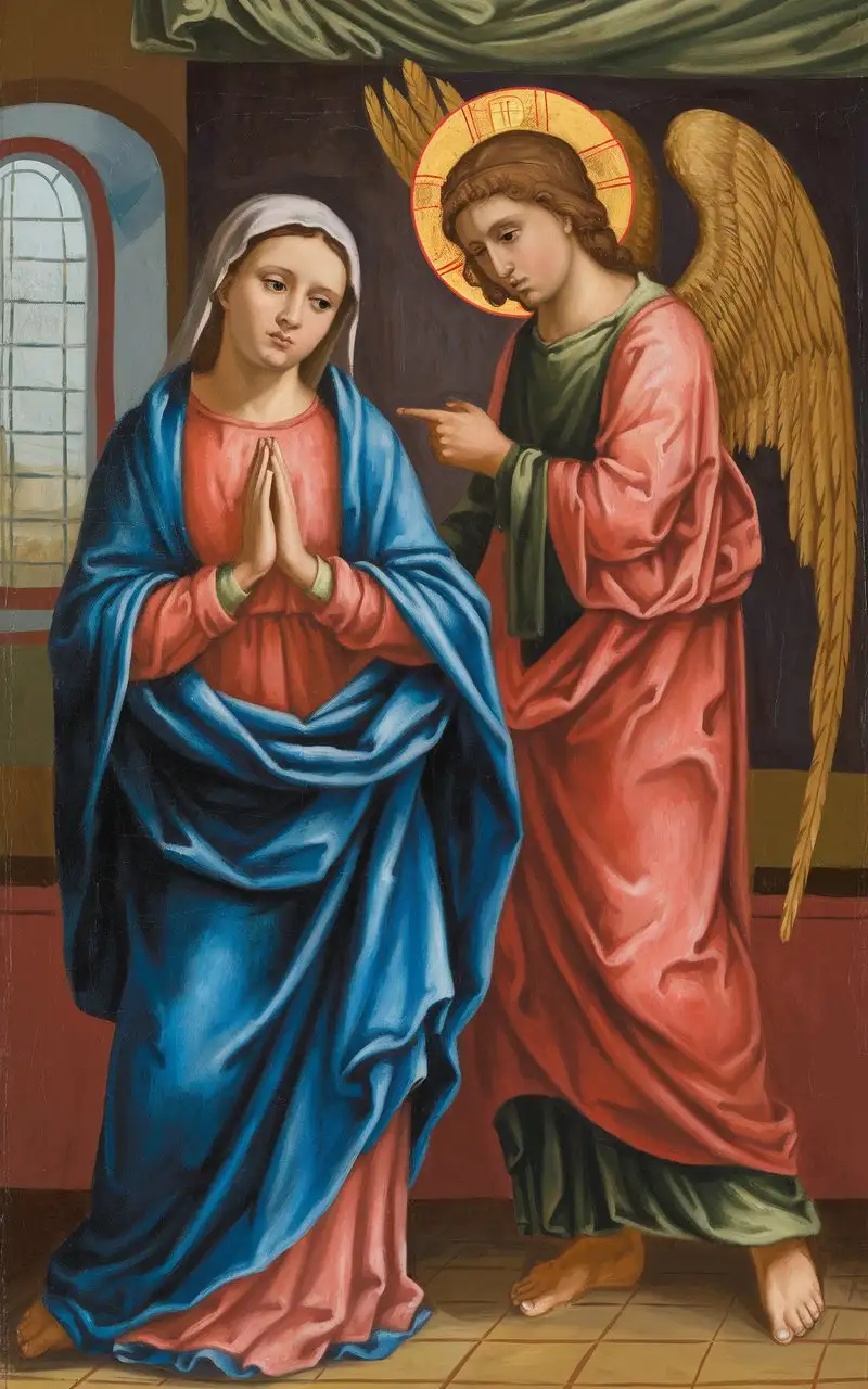 Virgin Mary the wife of Joseph saw Gabriel the angel in her room, Gabriel told Mary that she will conceive by the Holy Spirit soon, Virgin Mary was perplexed but she still submitted herself to Lord,