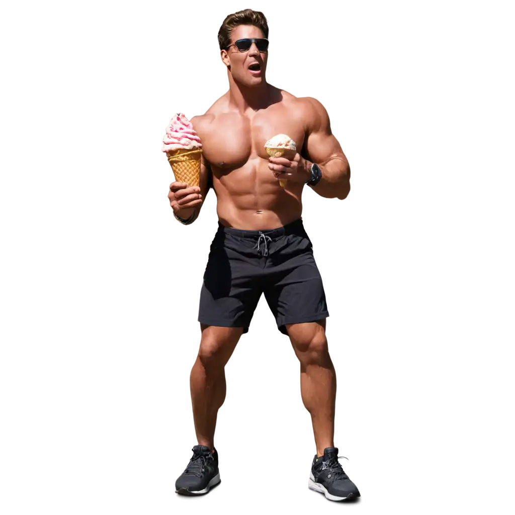 a body builder eating an ice cream cone