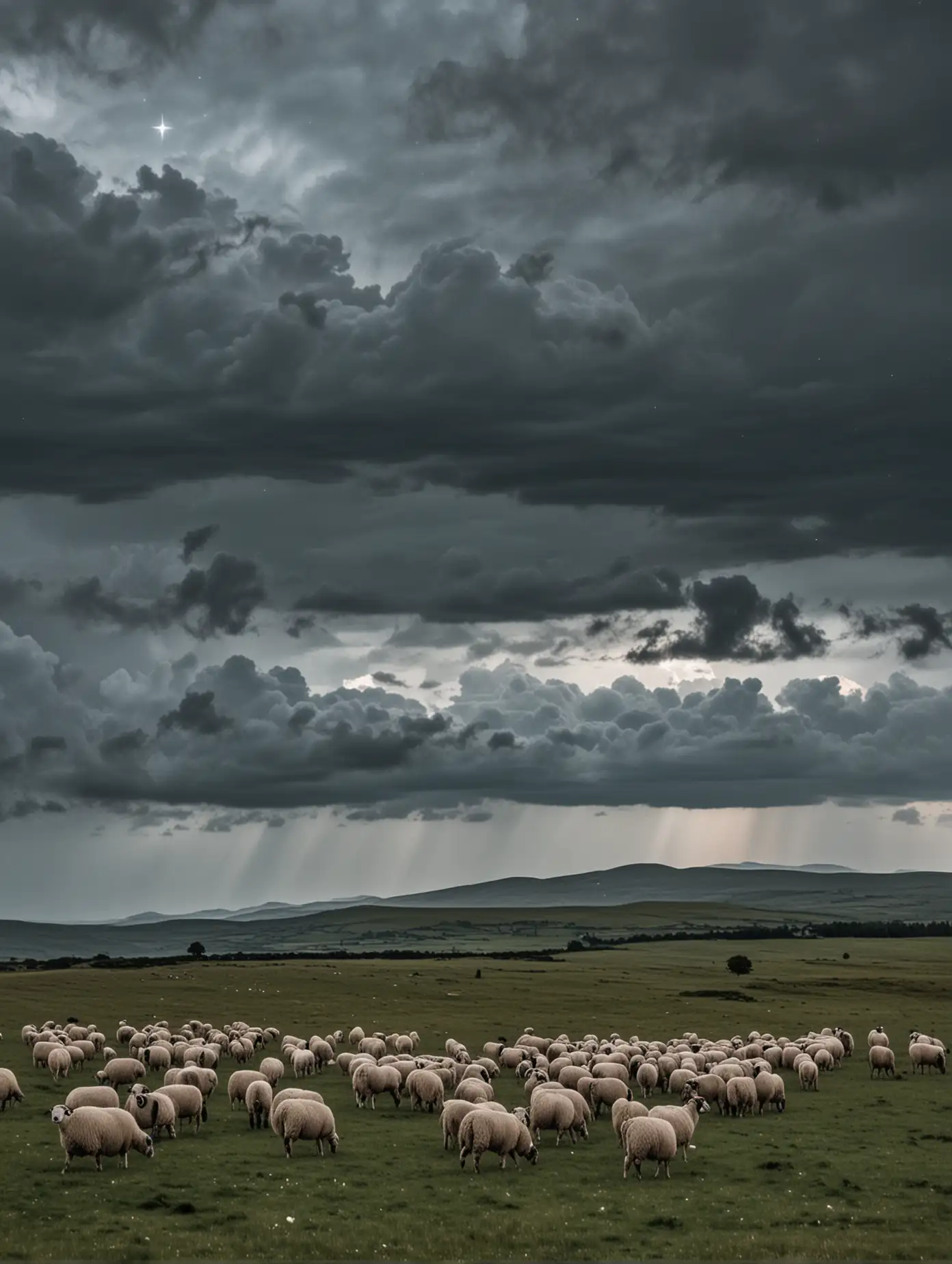 Galaxies-Beyond-Dark-Clouds-Over-Grassland-with-Grazing-Sheep