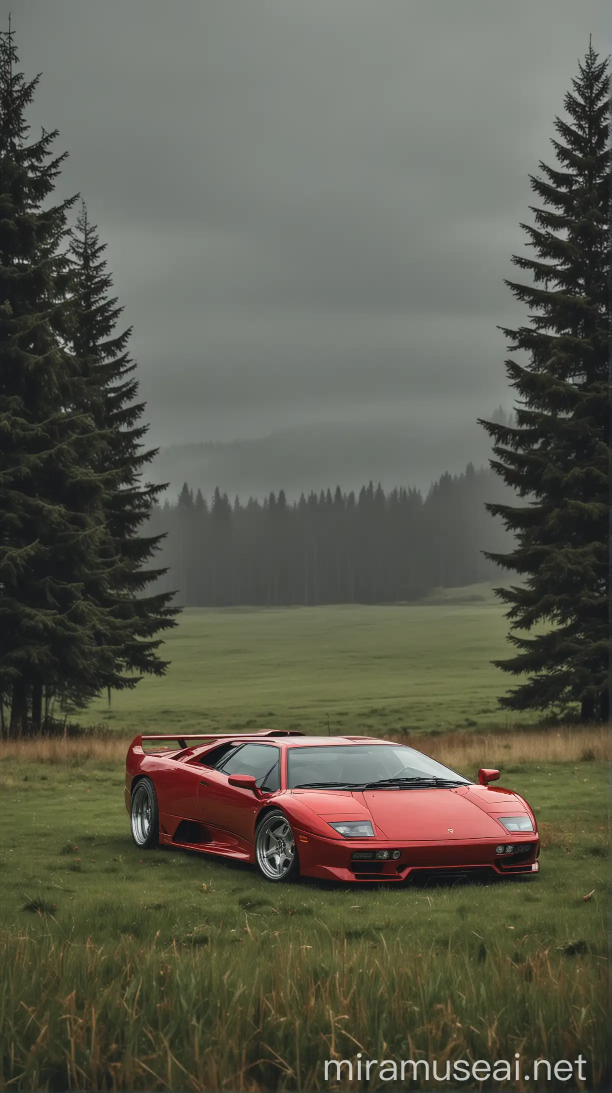 Red Lamborghini Diablo VT in Overcast Grassy Field