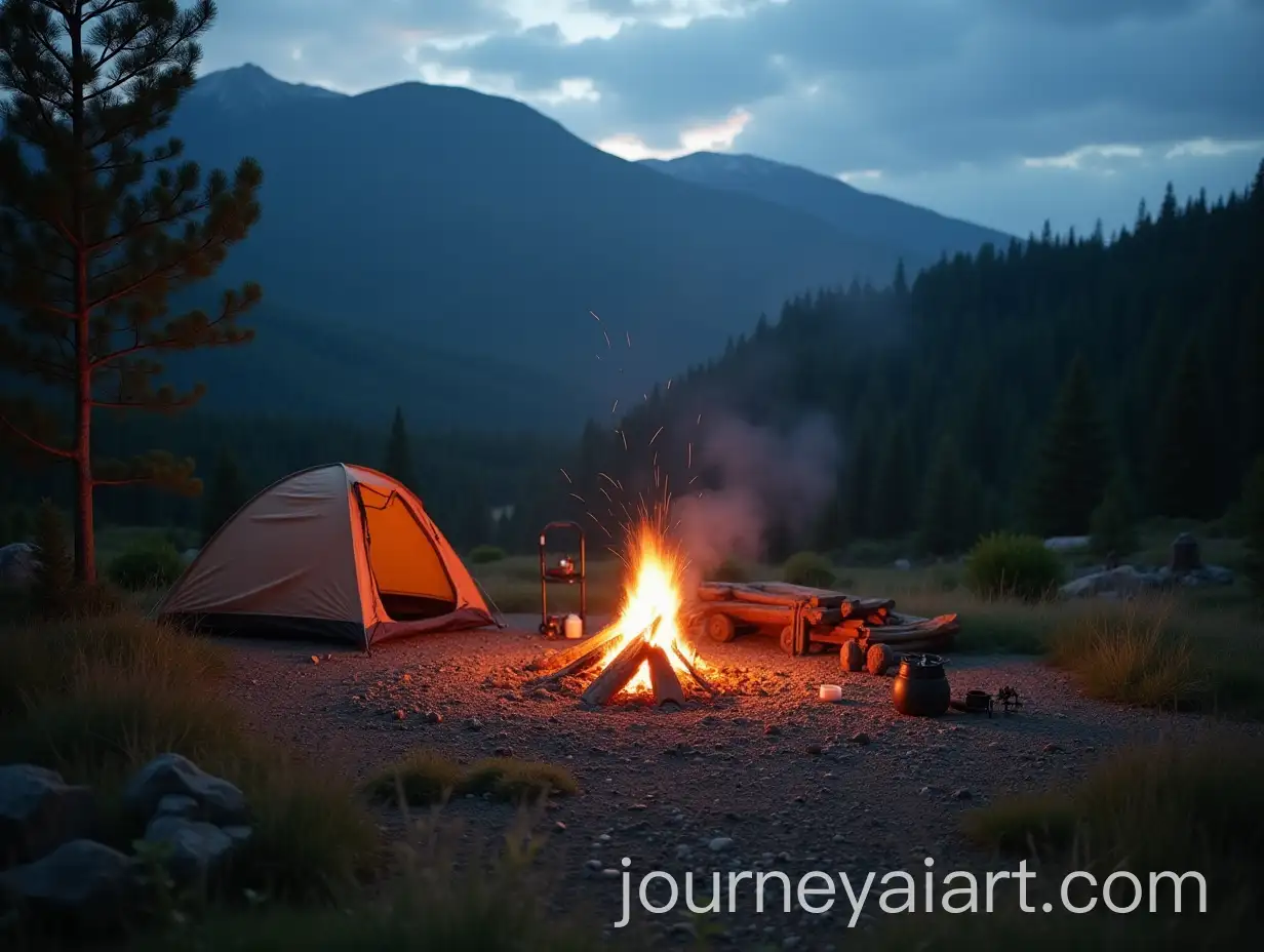 Scenic-Camping-Landscape-with-Tent-Gear-and-Central-Bonfire